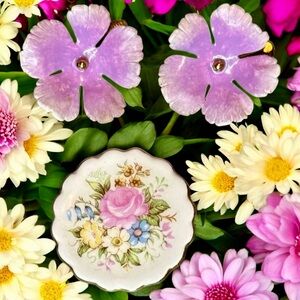 Vintage Enamel Purple Flower Earrings and Porcelain Floral Brooch